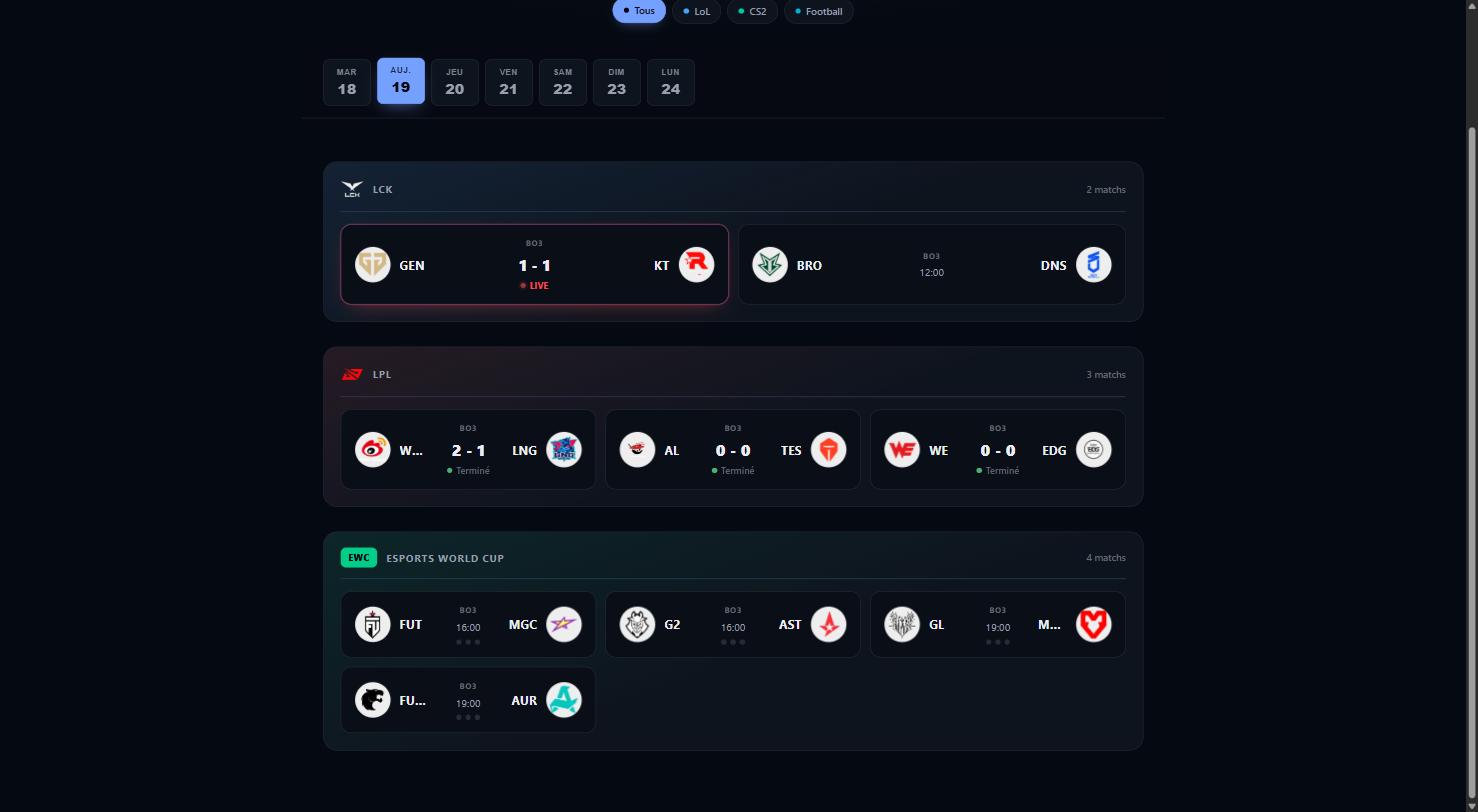 Esports Tracker live schedule screen showing LCK, LPL and Esports World Cup matches